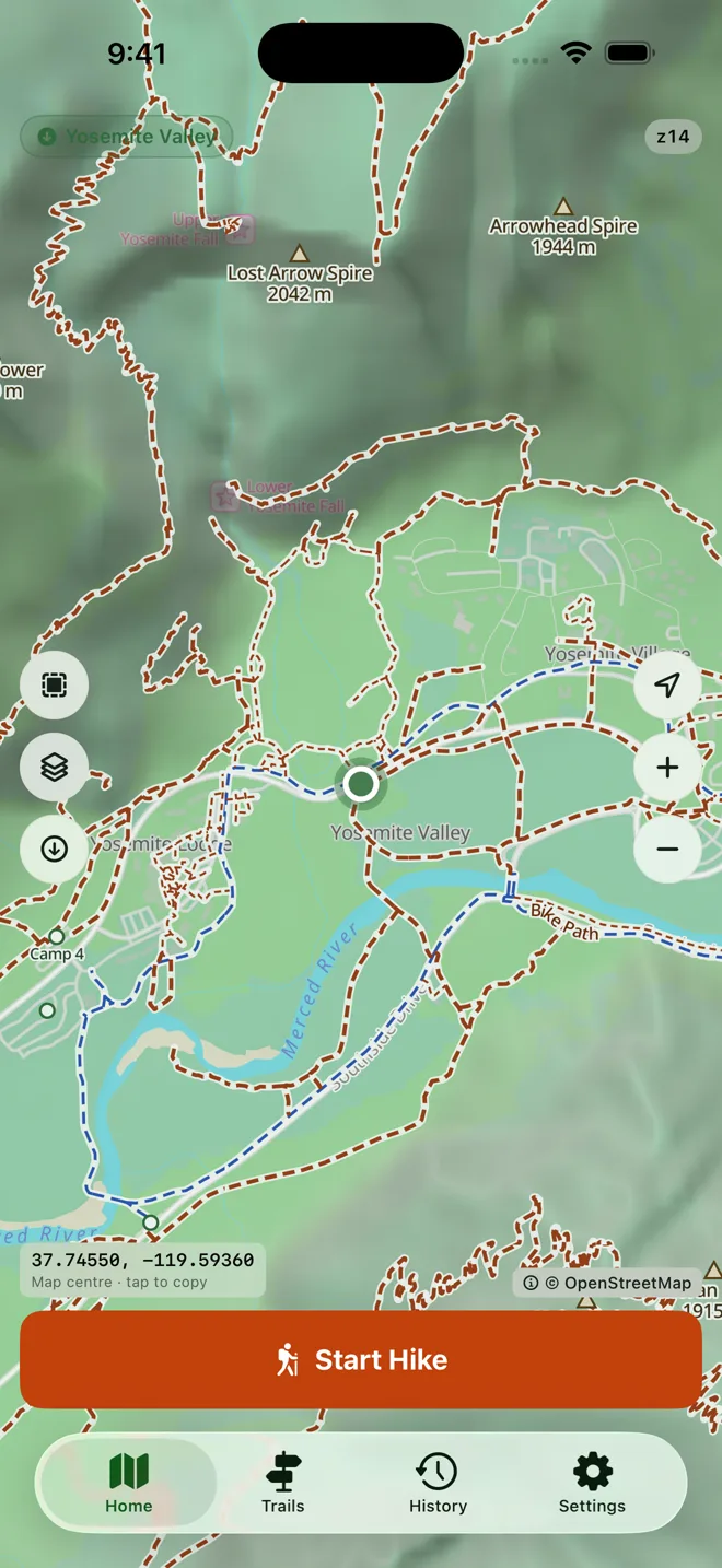 HikeGPS trail map centered on Yosemite Valley