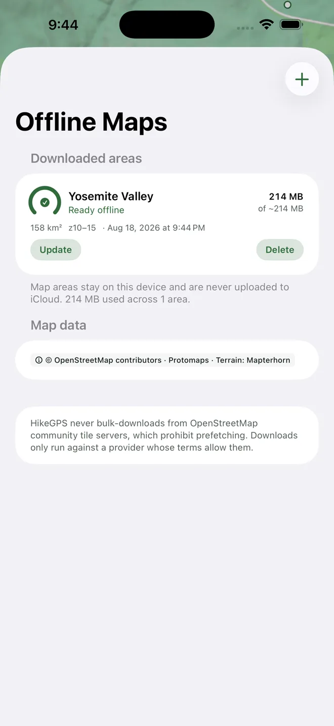 HikeGPS offline map download screen