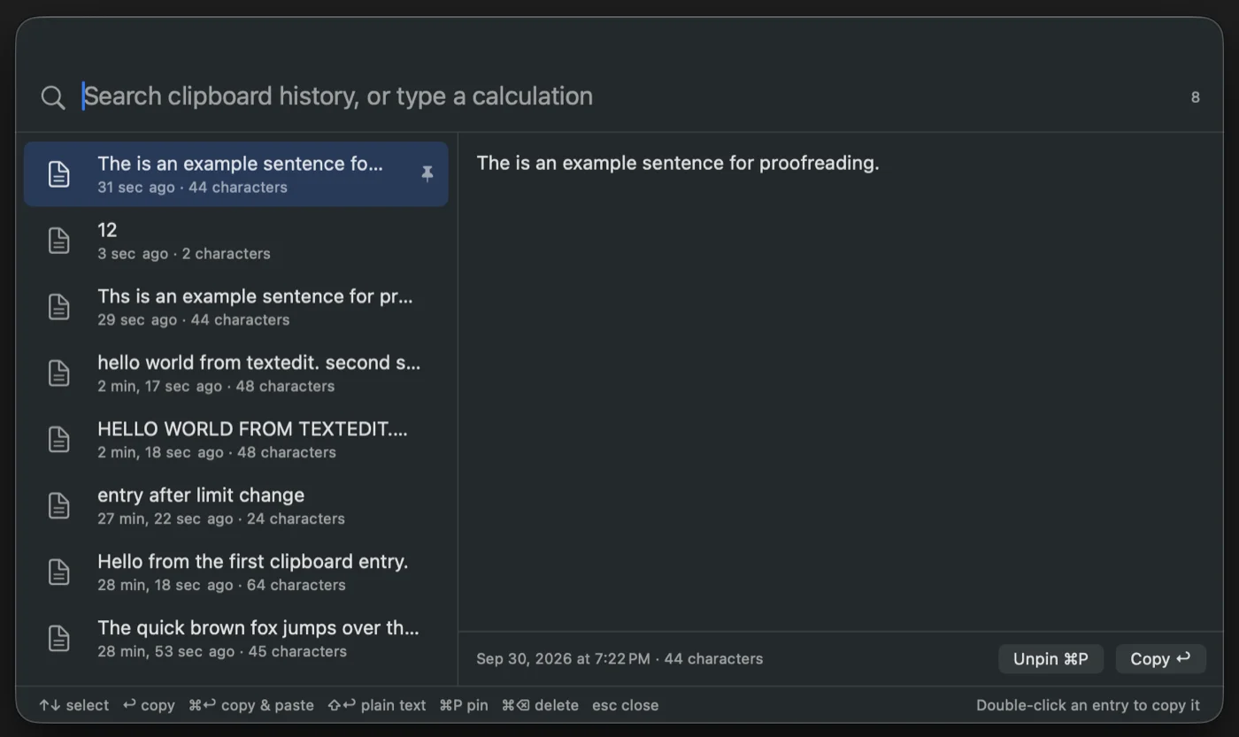 Mac PowerTools clipboard history panel with a search field, a list of copied entries, and a preview pane