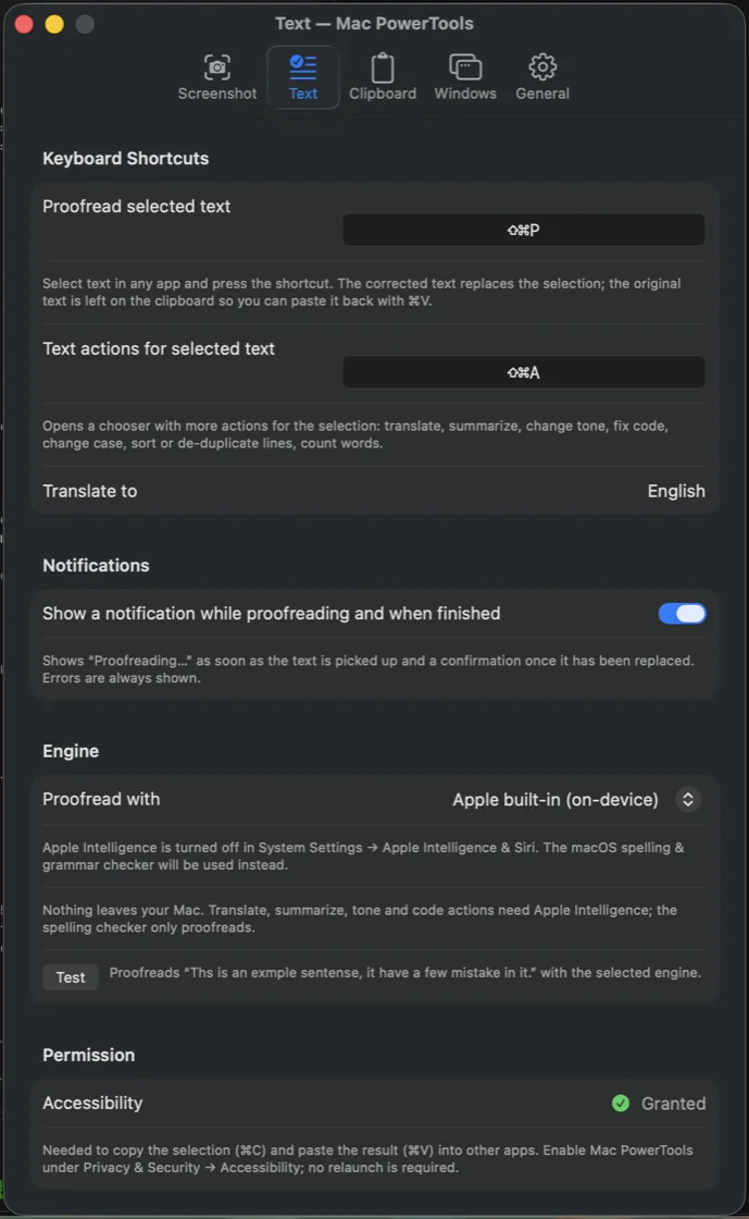 Mac PowerTools text settings showing the proofread and text action shortcuts and the on-device engine