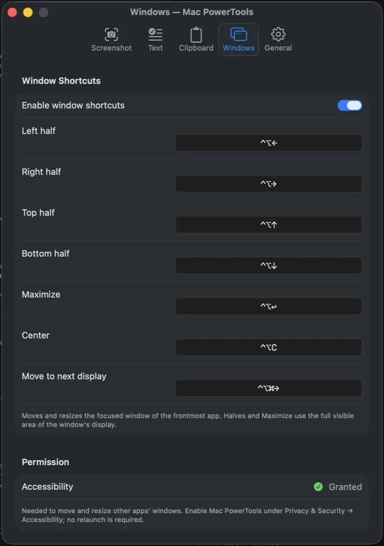 Mac PowerTools window settings listing shortcuts for halves, maximize, center, and next display